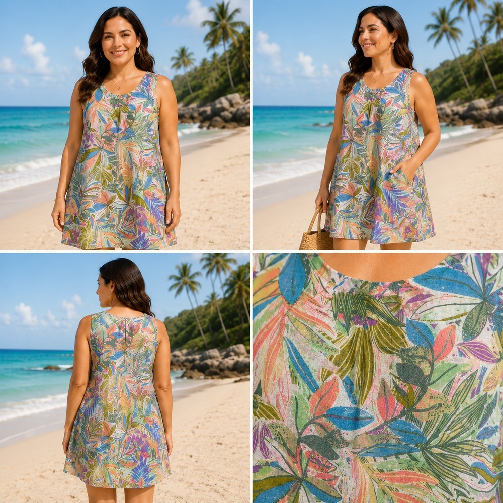 Shift Dress Womens Multicolor Tropical Leaf Pattern Linen Sleeveless Everyday